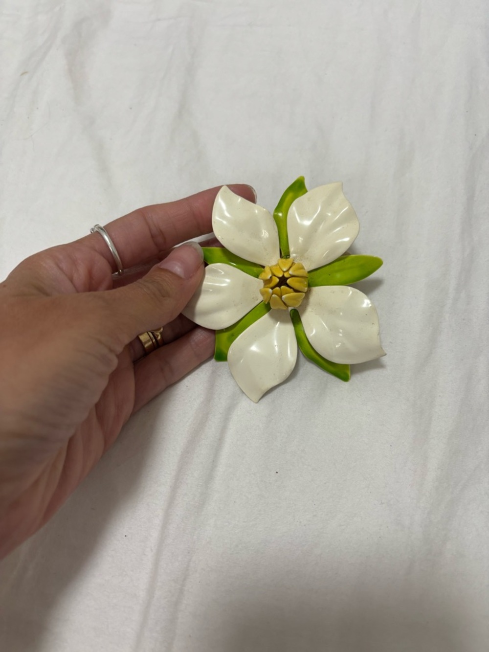 Vintage Flower Brooch in White, Green & Yellow